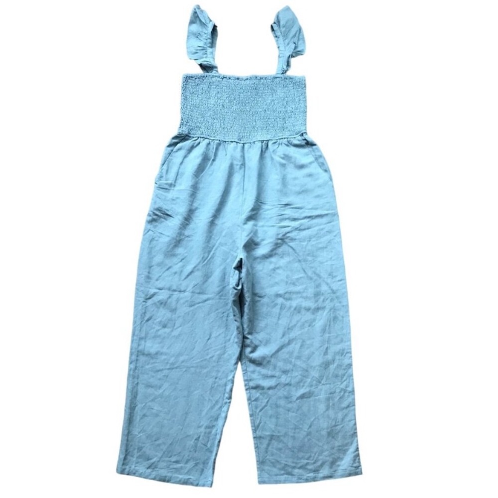 Pink Lily Cropped Jumpsuit Women's Plus Size 2XL Shirred Top Pockets Blue Linen